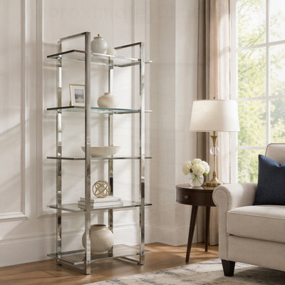 Bibliothèque contemporaine en verre à 5 étagères avec cadre en chrome poli pour un décor moderne de bureau et de studio