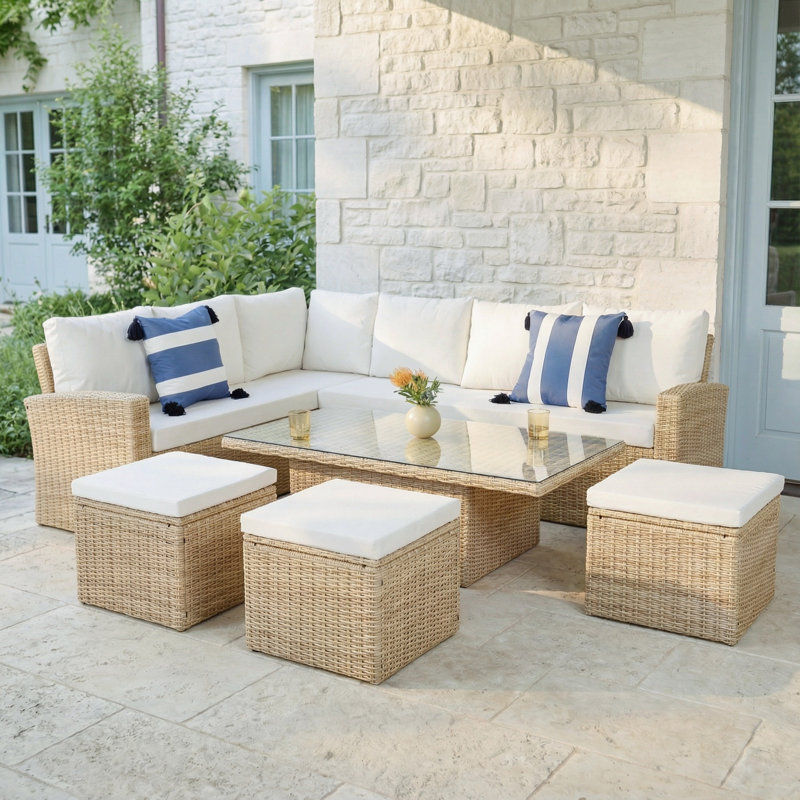Pelias - Rattan Corner Sofa Set With Rising Table - 8 Seats, White, Natural