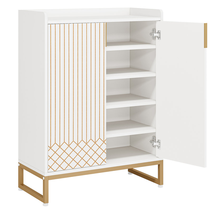 29.52 Inches White & Gold Shoe Cabinet With Doors, Walnut/Gold