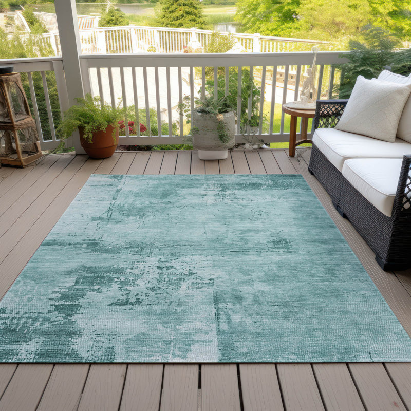 Teal Abstract Washable Synthetic Indoor/Outdoor Rug 2'6" x 3'10"