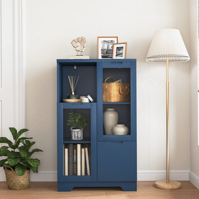 Wooden Floor Cabinet with 2 Glass Doors and 2 Storage Space, Living Room Bathroom Entryway