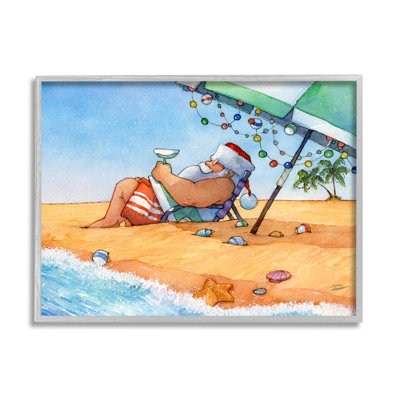 Père Noël, parasol de plage, bord de mer, Noël, encadré noir, art texturé par Steve Vanderbosch