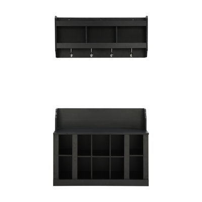 Shoe Storage Bench With Shelves And 4 Hooks, Elegant Hall Tree With Wall Mounted Coat Rack, Entryway Organizer For Hallway, Foyer, Mudroom