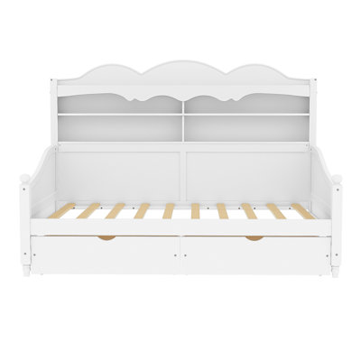 Leto Retro Wooden Daybed with Storage Drawers & Headboard Shelving, Under-Bed Storage, Space-Saving Bedroom Furniture