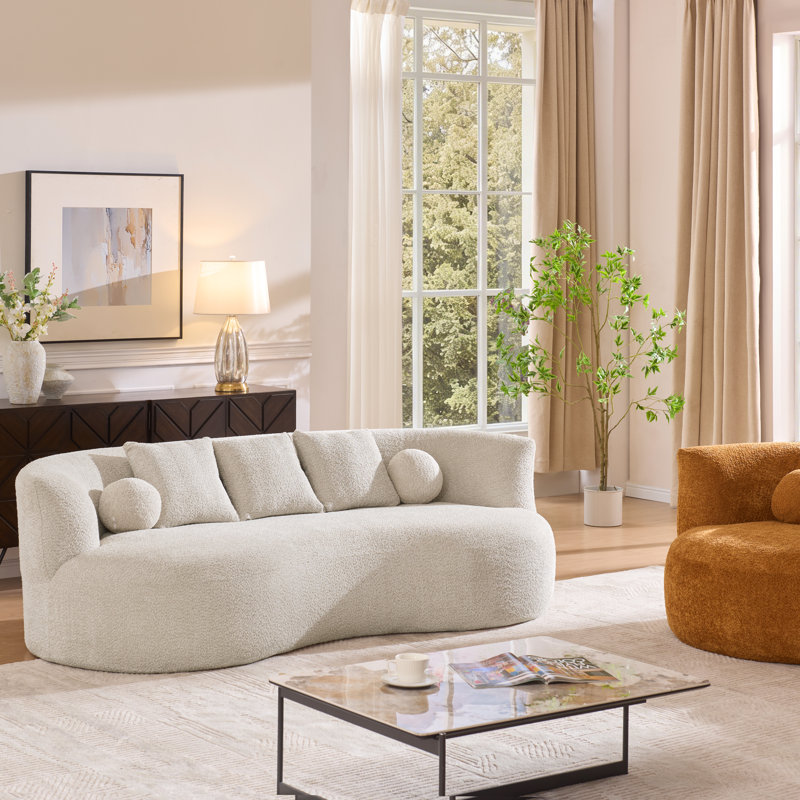 Orin Mid-Century Modern Boucle Upholstered 3-Seater Compression Sofa with Curved Silhouette, Sesame