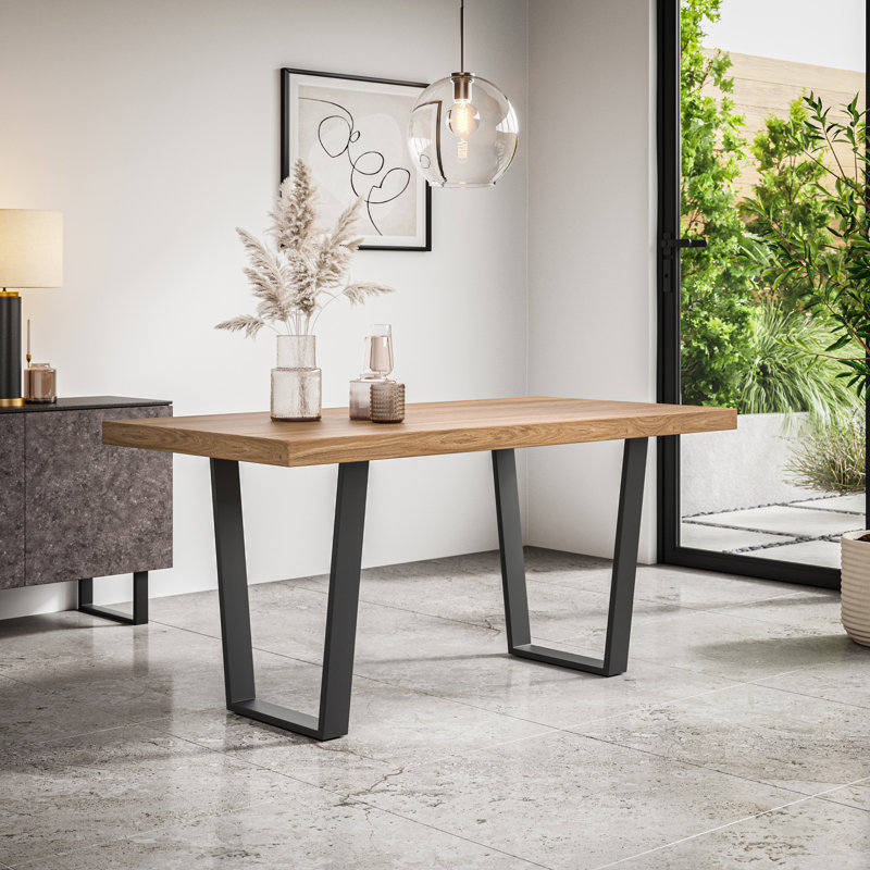 Dayatra Dining Table Modern Marble Effect Table Top w Black Legs, Natural Wood