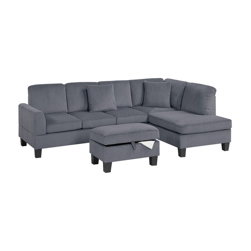3-Piece Sectional Set W/ Ottoman, Gray Corduroy