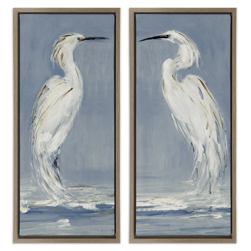 «White Herons with Ocean Wave», ensemble de 2 toiles flottantes encadrées, design par Sally Swatland, H 31 po x l 15 po