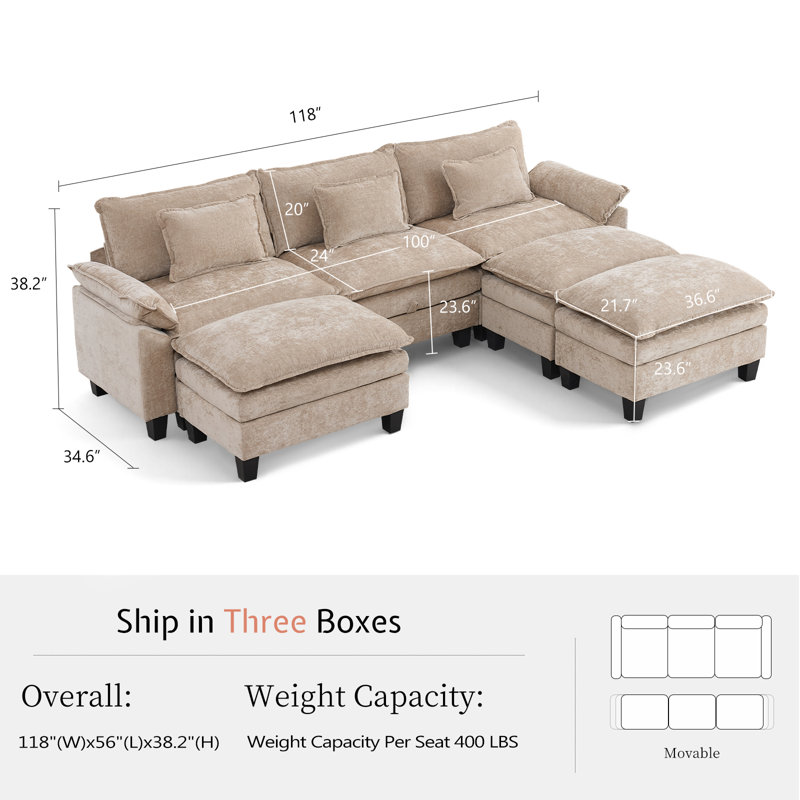 Canapé modulaire de 118 po avec rangement, canapé-lit Comfy Cloud avec repose-pieds et coussins décoratifs, canapé-lit modulaire en chenille à assise profonde pour salon, chambre à coucher