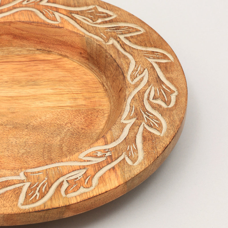 Assiette de service en bois | Assiette en bois fabriquée à la main 13 po | Napperon en bois | Vaisselle Artisan, Floral, Brun