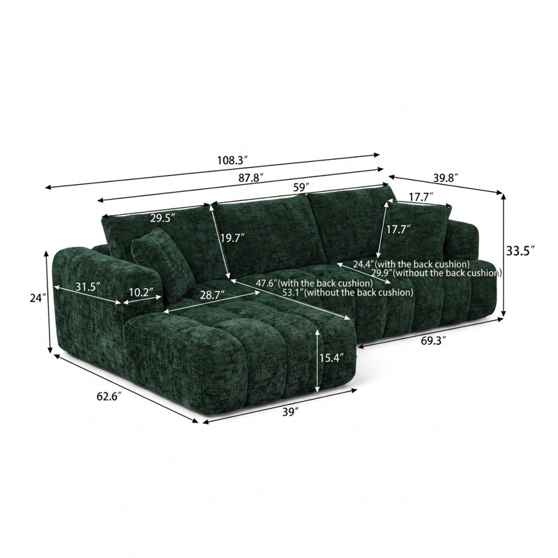 Canapé Boneless, canapé modulaire en L Chenille, Left Hand Facing, Dark Green