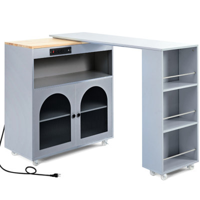 Rolling Kitchen Island With Storage, Fluted Glass Doors, Led Lights & Grey Electrical Connector Extended Table, Lights, Power Socket Stylish Blue