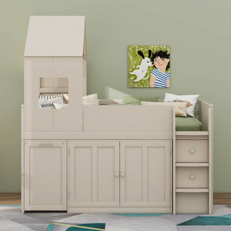 Lit mezzanine simple en bois avec bureau, tiroirs, armoires, Beige