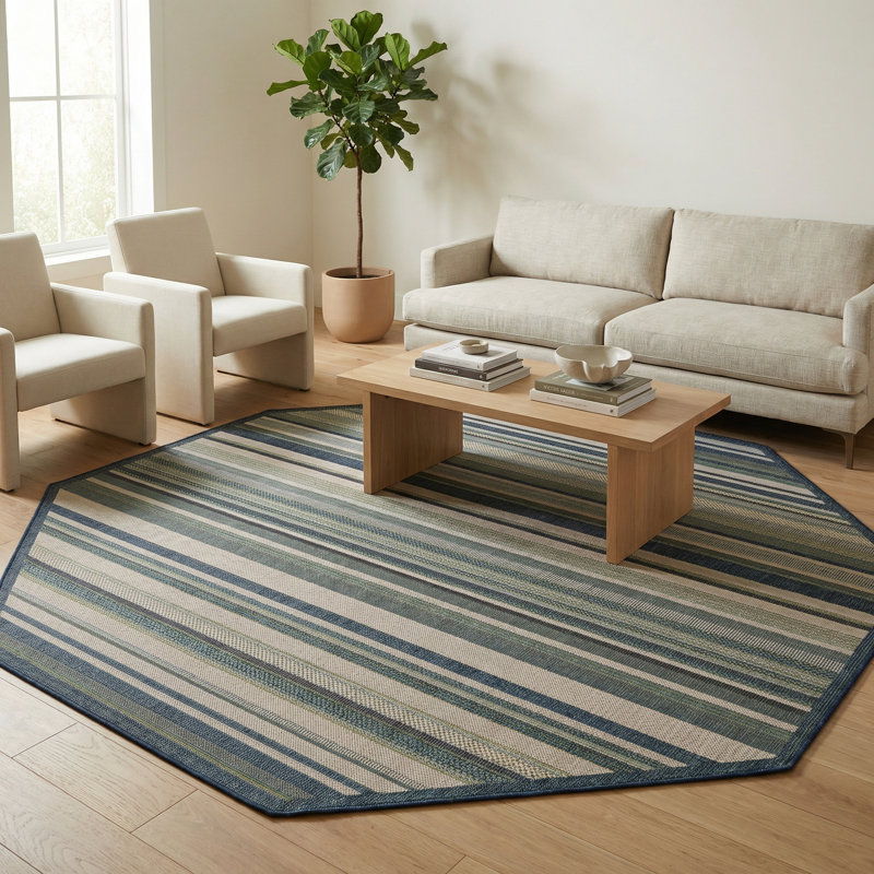 Tapis rayé vert / bleu intérieur / extérieur Tavon, Octogone 7 pi 10 po x 7 pi 10 po