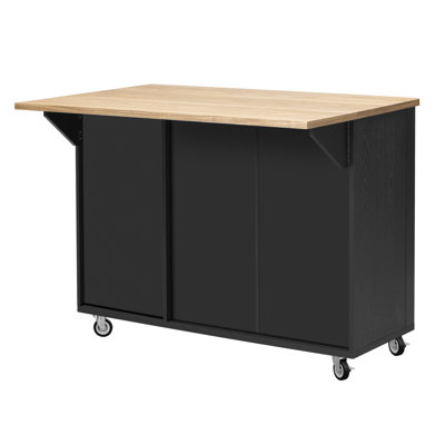 Fluted Kitchen Island with Drop Leaf, Farmhouse Accent Kitchen Island on Wheels with Internal Storage Rack, Rolling Kitchen Cart with Towel Rack for Kitchen, Dining Room