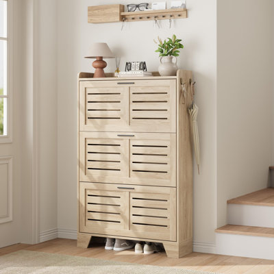 Shoe Storage Cabinet with 3 Flip Drawers, Slim Freestanding Entryway Organizer with 2 Side Hooks, Farmhouse-Style Hidden Shoe Rack