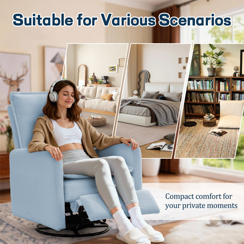 Recliner Chair, Swivel Recliners With Pillows, Small Rocker Recliner For Small Space, Manual Recliner With Side Pockets, Blue