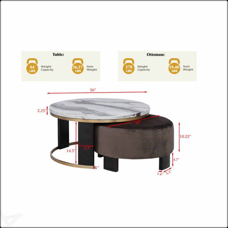 Ensemble de 2 tables basses gigognes, plateau en faux marbre avec repose-pieds, mobilier de salon moderne et fonctionnel