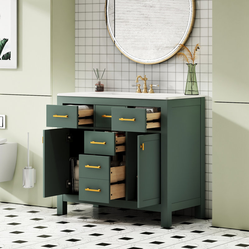 Meuble-lavabo 36 po, lavabo en céramique, 2 armoires de style Shaker, 4 tiroirs d'extension, quincaillerie moderne de 36 po, lavabo, portes à fermeture douce, quincaillerie,