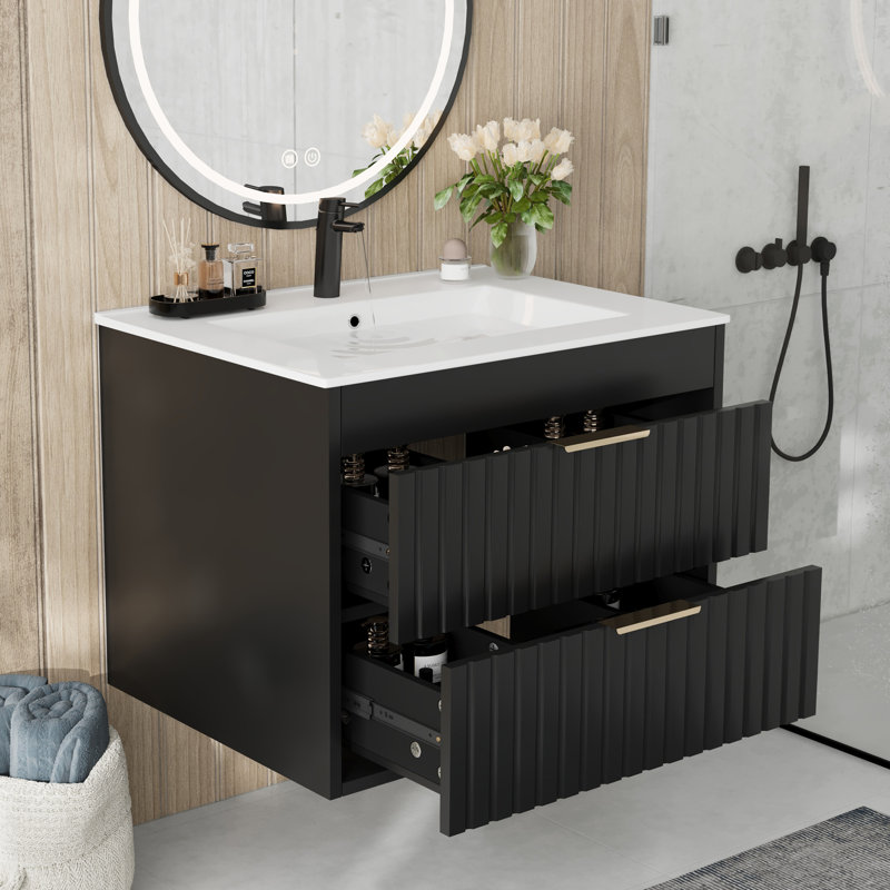 Bathroom Vanity With Sink, Wall Mounted Floating Cabinets With 2 Fluted Drawers & Metal Handle, Integrated Ceramic Sink For Apartment, Home