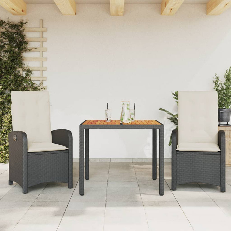 Ensemble de salle à manger de jardin avec accoudoirs réglables en poly rotin noir, H 29,5 po x l 35,4 po x P 35,4 po
