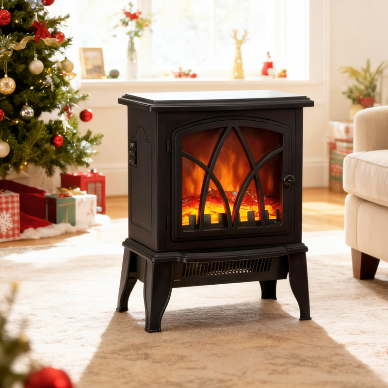 Electric Fireplace Heater with Realistic LED Flames and Logs, Black