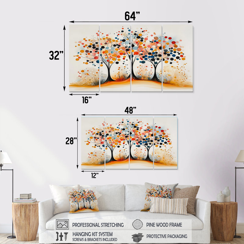 Automne orange et bleu, arbre, saisons, reflets I - ensemble de salon abstrait Mid-Century Wall Art, H 28 po x l 48 po