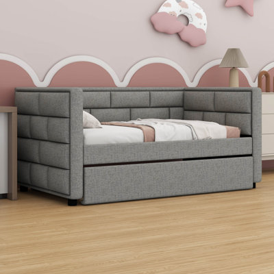 Upholstered Daybed With Trundle, Twin Size Upholstered Sofa Bed With Padded Back And Wood Slat Support