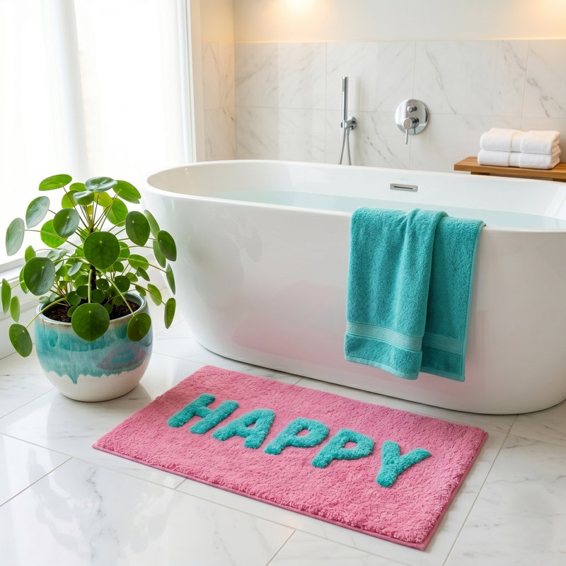 Happy Slogan Rectangle Bath Mat, Pink
