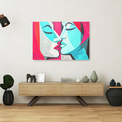Vibrant Lovers Kiss Romantic Contemporary Portrait Wall Art Print 1 Piece Wrapped Canvas Wall Art