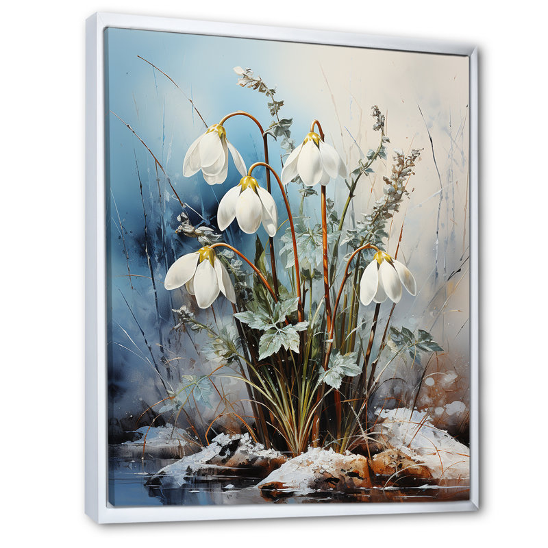 " Snowdrops In Blue Hues ", White Floater Framed, 32" H x 16" W