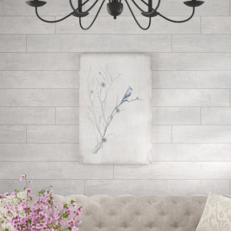 Simple arbre esquissé avec oiseau bleu - imprimé Canngihvas enveloppé, H 36 po x l 24 po