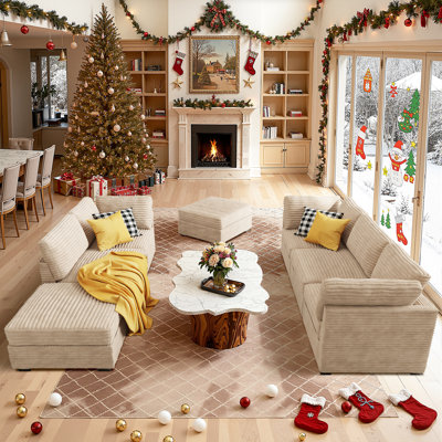 7-Piece Living Room Sofa Set, Modern Plush Corduroy Couch Set With Ottomans, Modular Design For Versatile Seating by Latitude Run