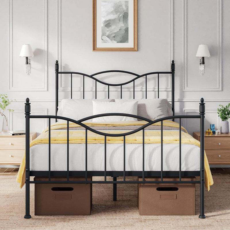 Bed Frame With Headboard,metal Platform Bed Frame Mattress Foundation With Footboard, Black, Twin