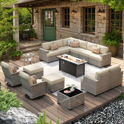 12 - Person Patio Furniture Set with Swivel Rockers, Outdoor Wicker Rattan Sectional Seating Group with Cushions, All Weather Sofa Conversation Set with Fire Pit Table for Garden Backyard