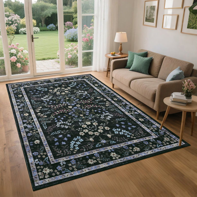 Modern Floral Machine Washable Rug for Living Room, Farmhouse Flower Soft Non Shedding Floor Covering with Non Slip TPR Backing, Indoor Foldable Low Pile Thin Mat