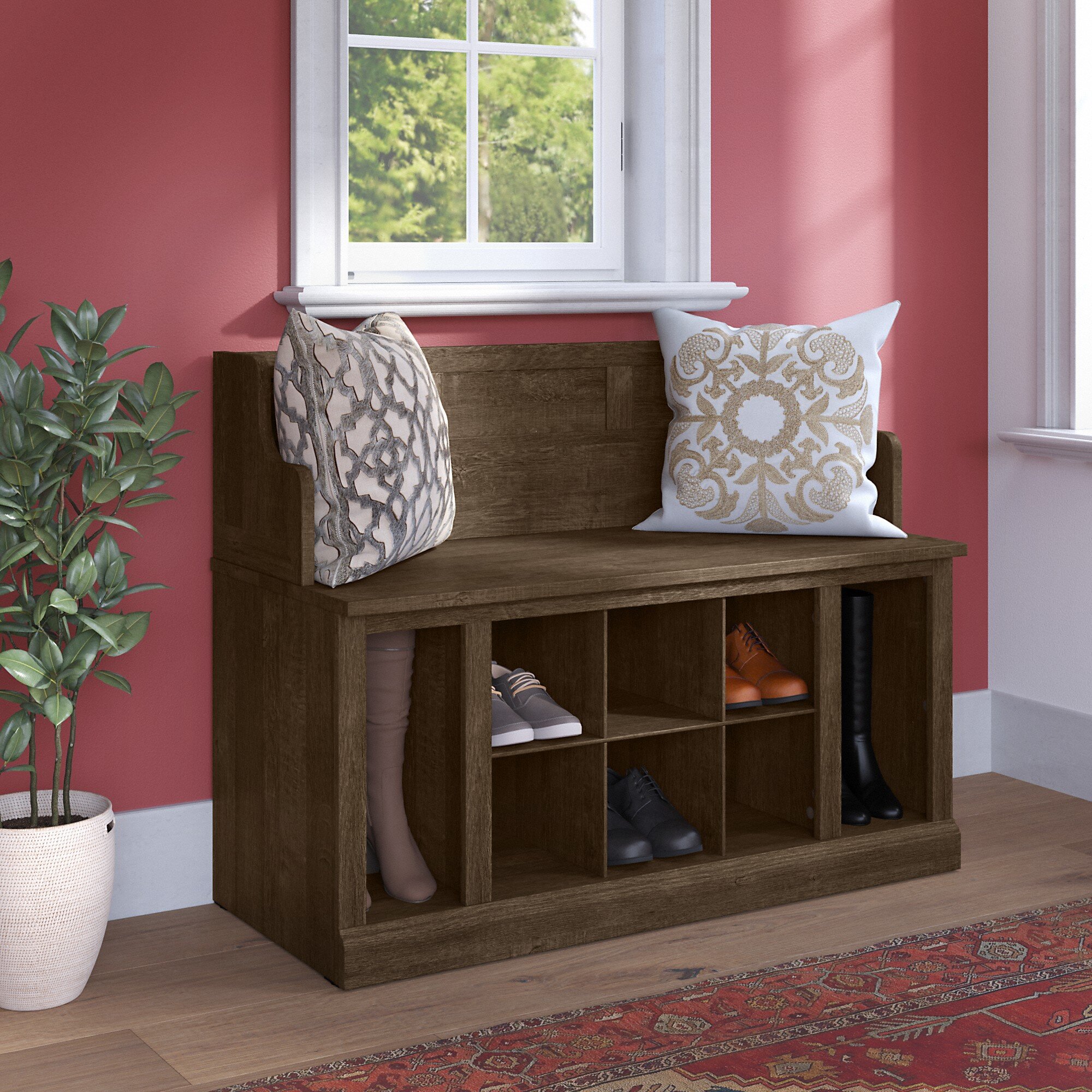 Woodland Hall Tree with Bench and Shoe Storage Kathy Ireland Home by Bush Furniture Color: Ash Brown