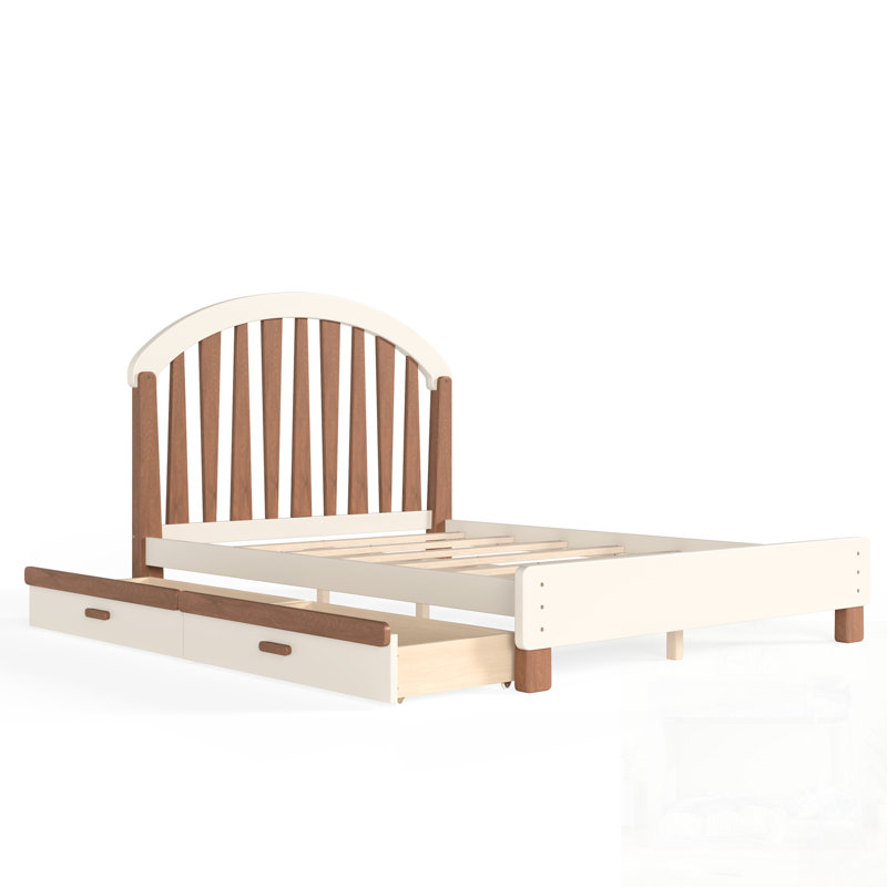 Lit plateforme avec rangement, structure en bois massif, tête de lit ronde, sans sommier, Full