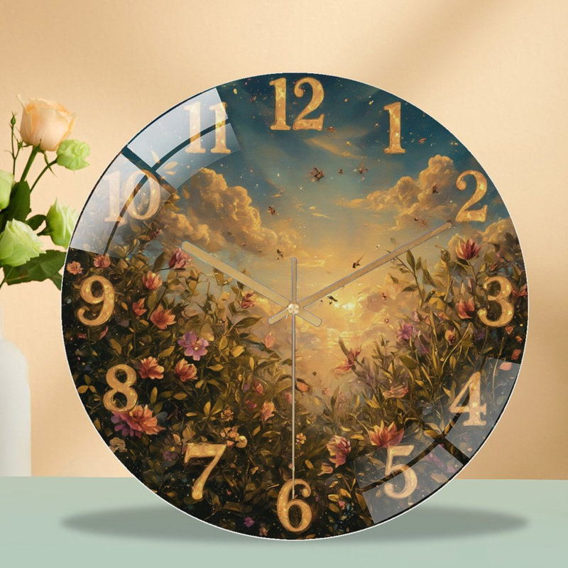 Horloge florale avec coucher de soleil et horloge murale moderne en verre 12 po