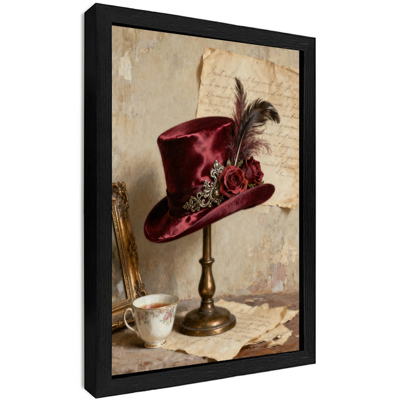 Art encadré noir, chapeau rouge rétro, impression de réalisme élégant, H 17 po x l 13 po