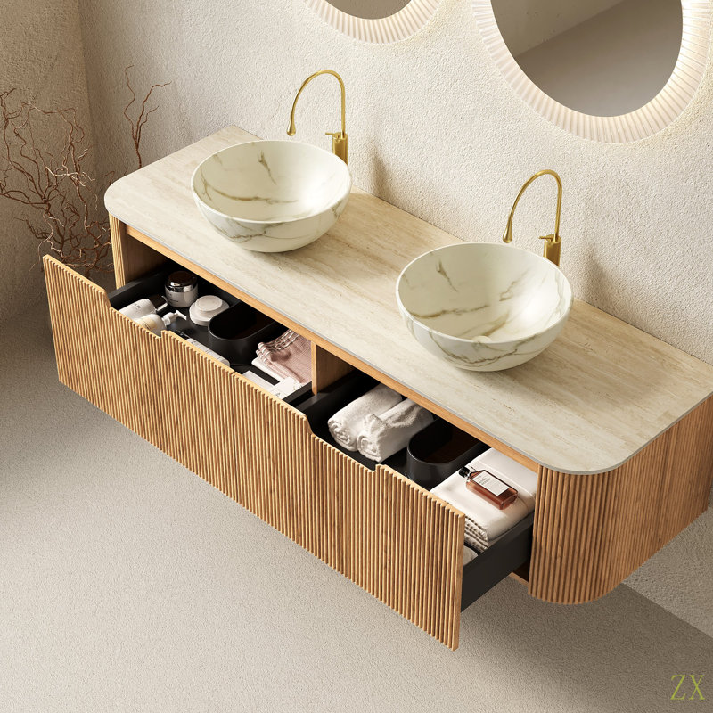 Meuble-lavabo de salle de bain 60 po, 2 tiroirs, 2 cuves en céramique et plateau en pierre frittée à motif de travertin, pré-assemblé