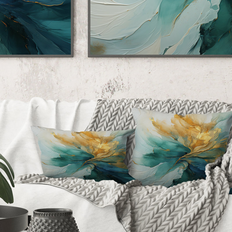 Coussin décoratif doré et bleu sarcelle Aurora Harmony, 18" x 18"