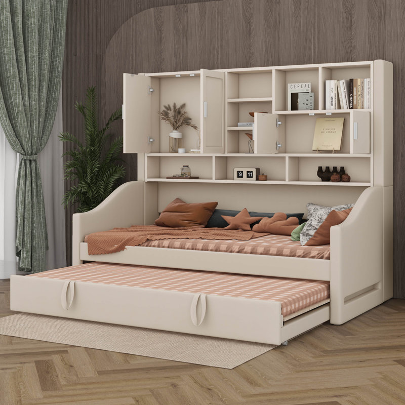 Lit de jour simple rembourré avec lumières à accoudoirs à DEL, tablettes de rangement et lit gigogne simple, Beige