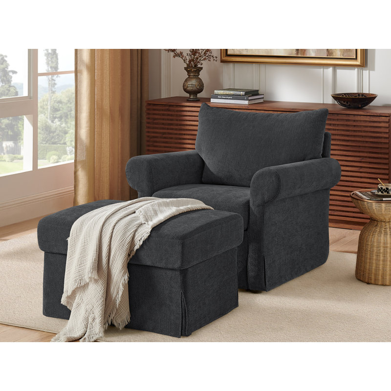 Fauteuil d'appoint en chenille avec repose-pieds, fauteuil de style rétro, Gris
