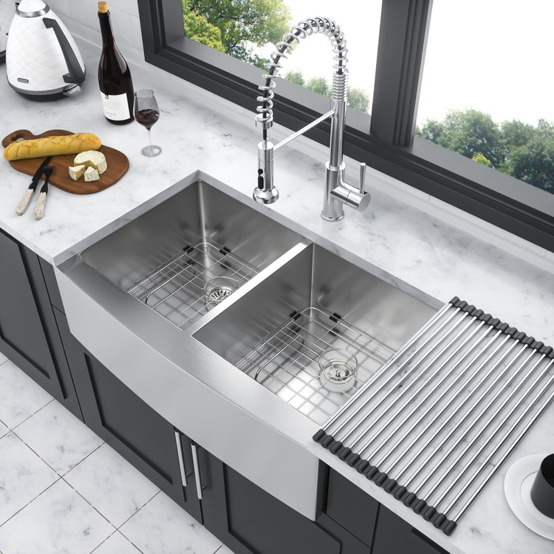 Stainless Steel Apron Front Double Bowl Sink - 33"X21"X10", Maintains Its Shine Over Time 33X21x10 With Functionality And Aesthetics Combined