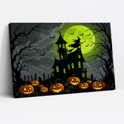 Haunted House With Witch And Glowing Pumpkins Halloween Canvas Wall Art
