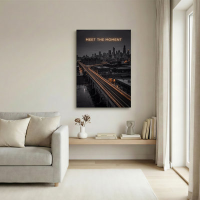 Chicago Skyline And Elevated Train Tracks At Night Canvas Wall Art
