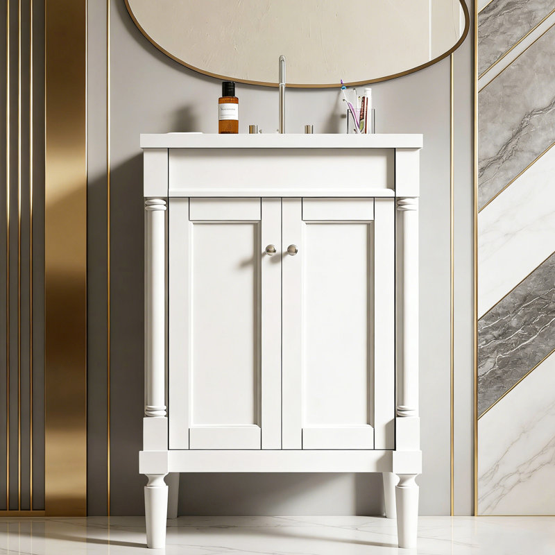 Meuble-lavabo 24 po avec lavabo simple en céramique, Blanc / argenté