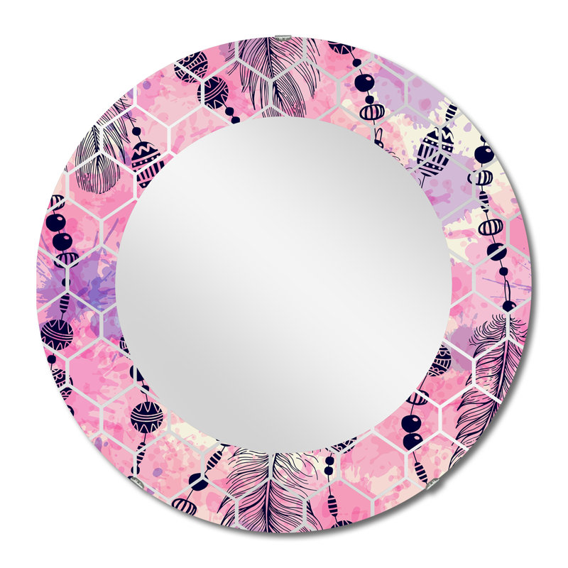 Plumes roses et mauves Boho - miroir mural bohémien, 24 po x 24 po