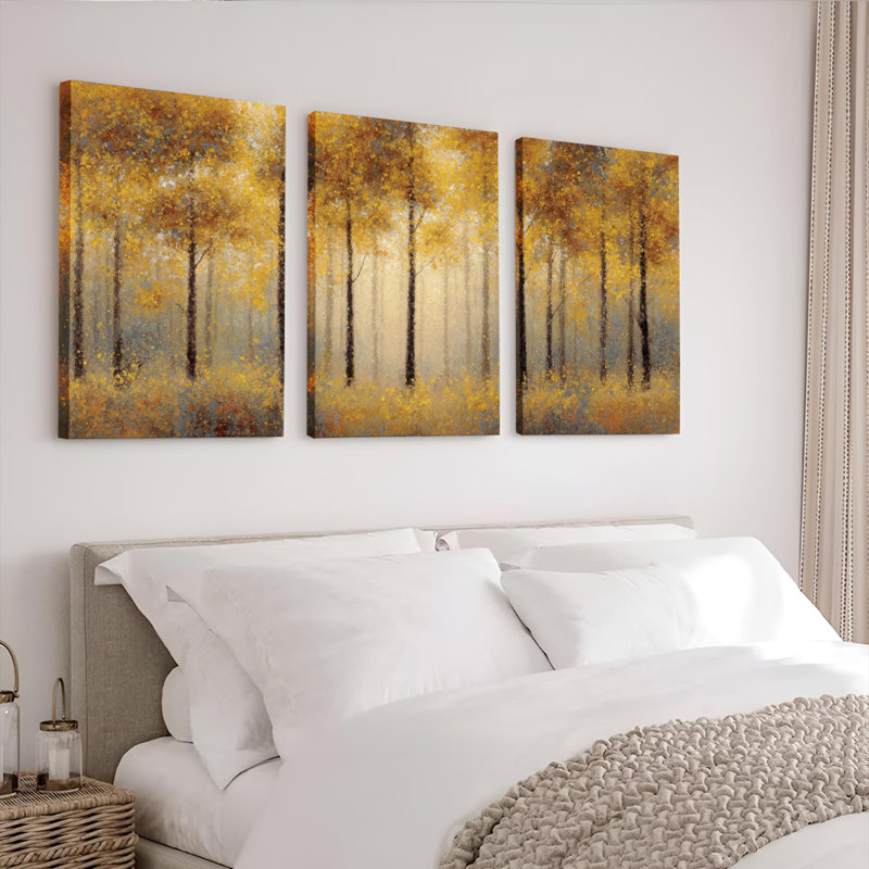 Ensemble de 3 tableaux sur toile représentant un paysage de forêt d'automne, H 18 po x l 36 po